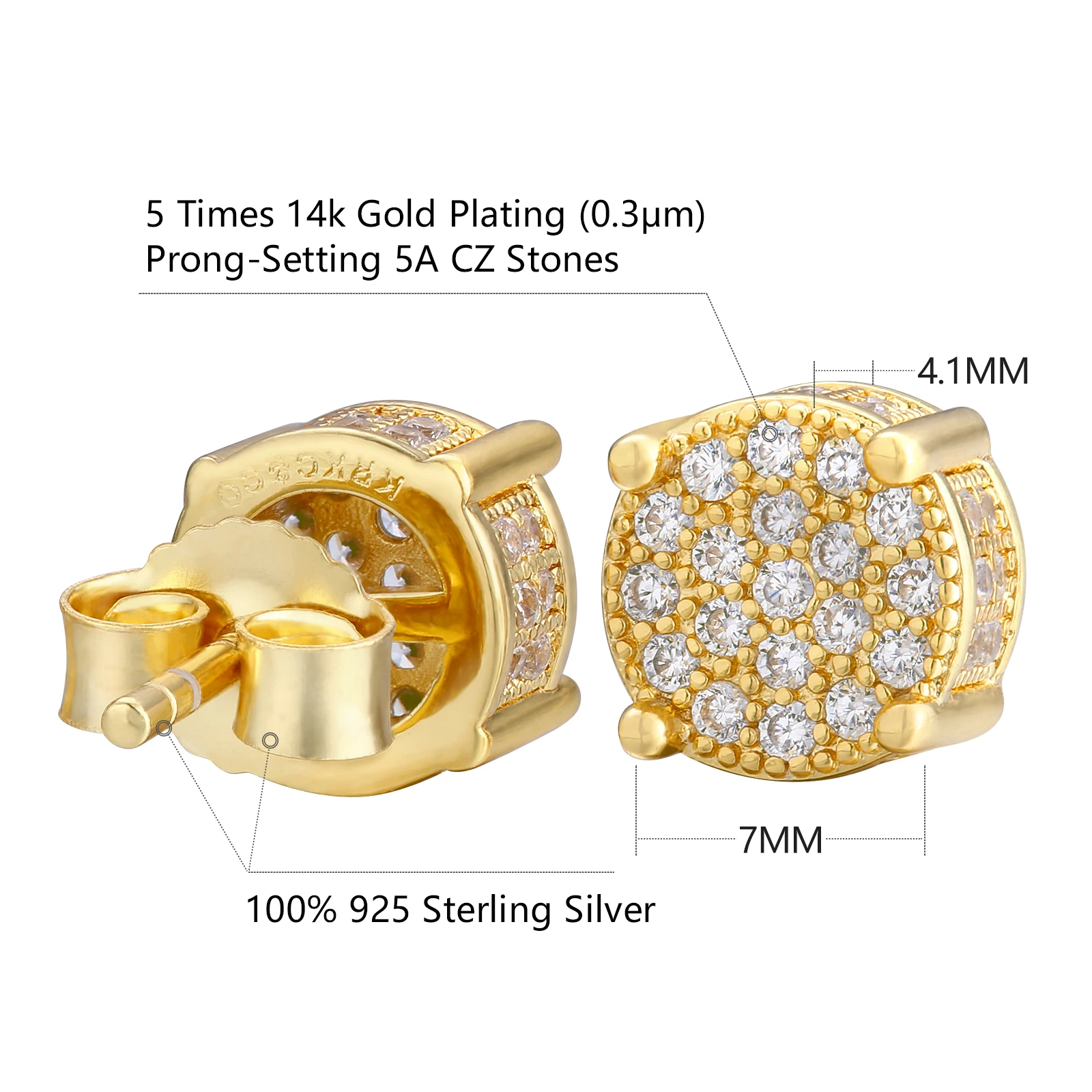 USA 14K Golden Plated 925 Sterling Silver 5A+ Cubic Zirconia Cluster Round Stud Earrings Men Women Jewelry Gift Aretes De Hombre - Image 2