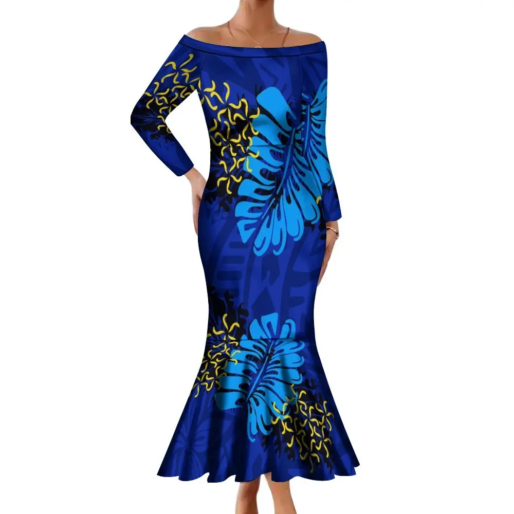Hawaiian Style Cyathea Dealbata Printed Long Sleeve Half Shoulder Long  Fishtail Mermaid Dress Ladies Custom Polynesian Dresses| Alibaba.com