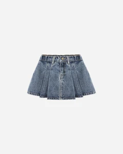 Girls Summer Casual Fashion High Waist Pleated Denim Skirt-Plus Size Straight Silhouette Ruffle Button Pocket Print Pattern