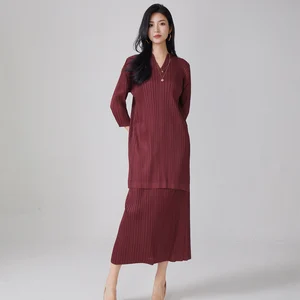 Miyake Casual Two-Piece Set Pleated V-Neck Long Shirt Top & Straight Skirt Autumn Woven Polyester Fitness Sportswear Free Size