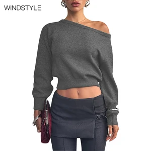 Fashion Simple Temperament Slim Hot Girl Navel Diagonal Collar Long Sleeve Top Breathable Polyamide Short Length Asymmetrical