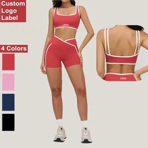 New Yoga Short Suit Adjustable Straps Contrast Nude Felling V Shape Bra Shorts 2 Pieces Workout Gym Fitness Set Wholesale Set