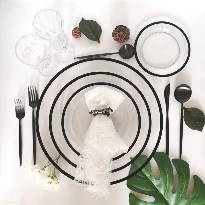 Telsen Wedding Charger Plates Sets Transparent Black Rim Glass Plates