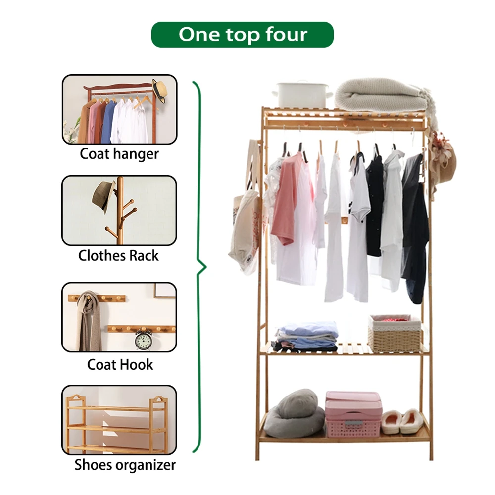 Detachable Bamboo Portable Clothing Rack with Shelves 10 Hooks
