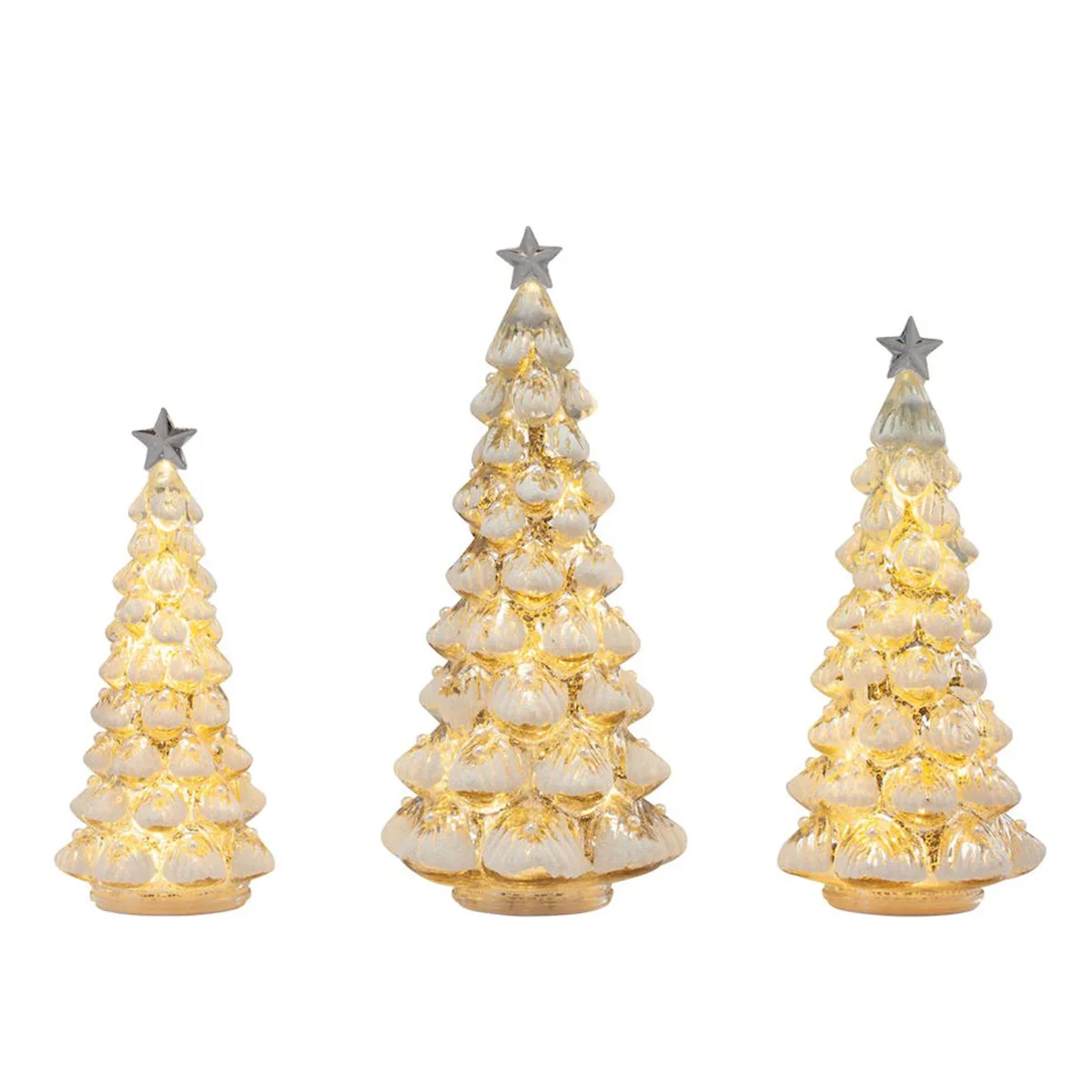 Set of 3 pre lit lighted up gold tabletop mercury hand blown glass snowy tipped christmas tree decorative figurine