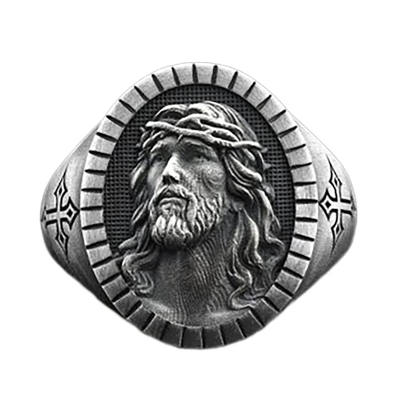 Men's Jesus avatar Antique Silver Ring Oval Christian Cross Religious Ring