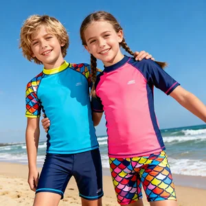 Factory Direct Flatlock Stitching Sublimation Printing Boys Girls Rash Guard Swim Trunks Set Compression Swimwear