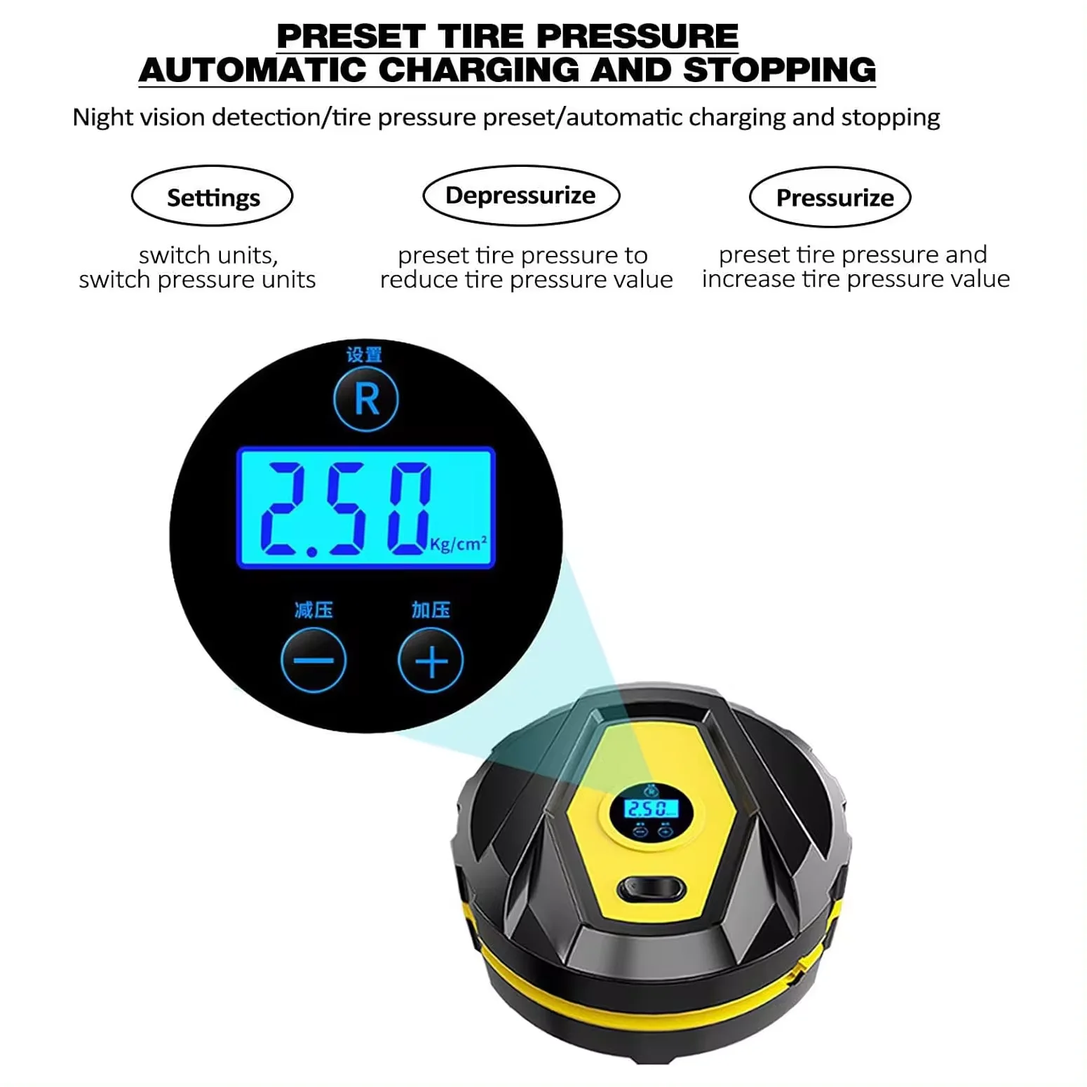 Car Air Pump Precision Digital Display Small Mini Portable Durable Multifunctional 12V High Power Car Tire Pump Cylinder