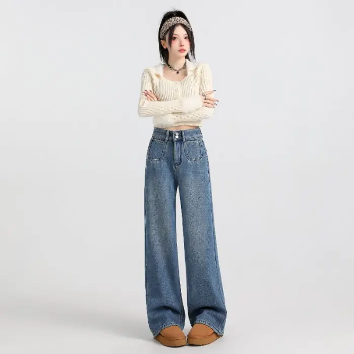 High Waist Wide Leg Denim Jeans Women's Autumn Winter New Style Fleece-lined Thickened Loose Slimming Quick Dry Vintage