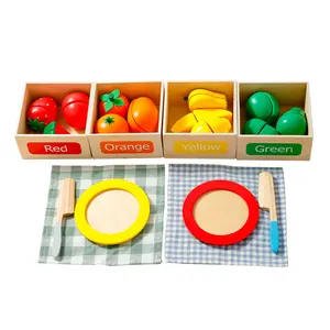 EDULAND Wooden Play Food Sets for Kids 5-7 Years Kitchen Accessories for Fruit Veggies Cutting Set Montessori Color Toys