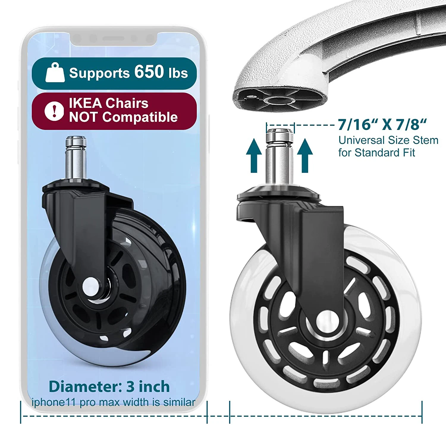 3 Inch Rolls Style Office Chair Casters Stem Caster Transparent Pu