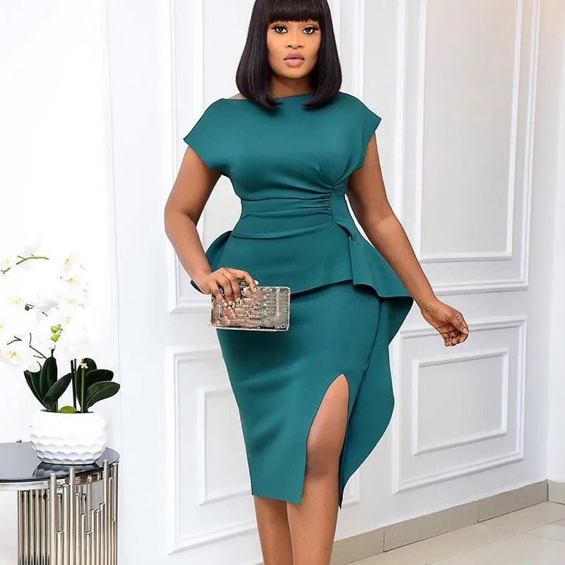 Nieuwkomers Korte Mouw Split Bodycon Ruches Midi Prom Kerkjurk