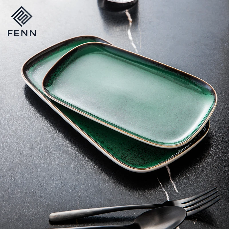 FENN OEM/ODM Vintage Reactive Green Glaze Sushi Catering Dinner Rectangle Plates Ceramic Platter Wholesale Serving Platter