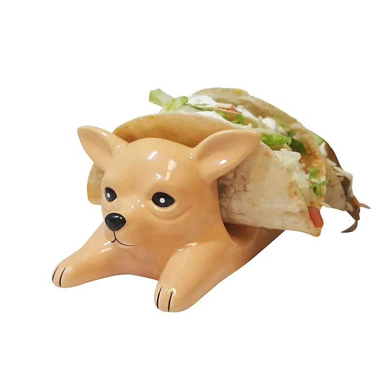 Custom Tabletop Dining Decor Taco Stand Rack Server Serving Tray Plate 3 Slot Ceramic Cute Chihuahua Dog Shaped Taco Holder
