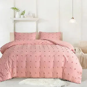 Personalized Pink Tufted Duvet Cover 3pcs Boho Embroidery Dot Microfiber Bedding Comforter Cover Set