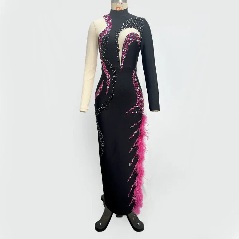 Black Evening Dress 2026 Hot Pink Feather Rhinestone Bandage Dress Glam  Bodycon Evening Gown Sexy Prom Party Spring Dress Women| Alibaba.com