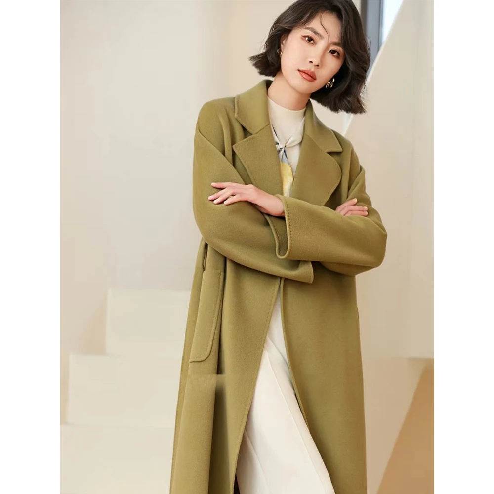 High Quality Solid Cashmere Coats for Women Elegant Luxury Blend Trench Coat Belted Solid Color Elegant Overcoat