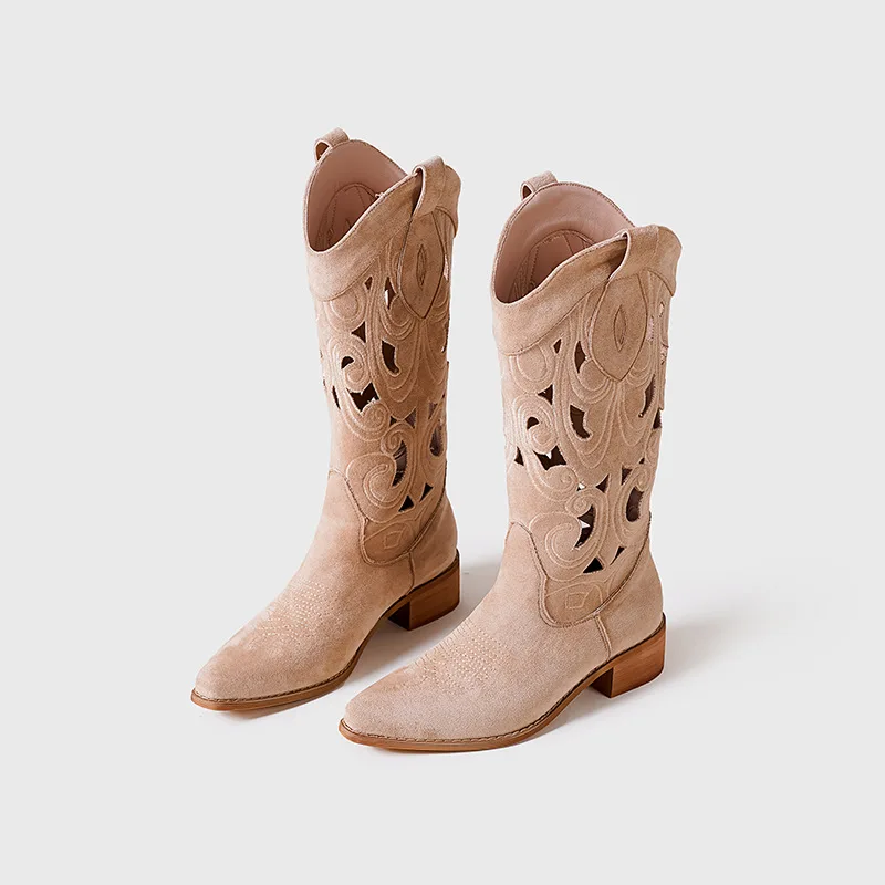 Ladies Wood Low Heels Suede Hollowed Out Sandals Boots Embroidered Ankle Women Mid-calf Western Cowboy Boots - Image 4