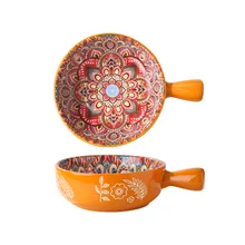 Bohemian Ceramic Single Handle Bowl Relief Underglaze Color Salad Dessert Household Wholesale
