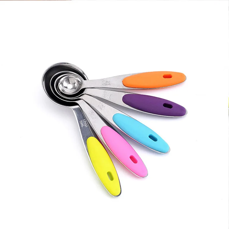 5-Piece Eco-Friendly Stainless Steel Kitchen Measuring Tools Precision Baking Measuring Spoons Set Silicone Handle Home Kitchen