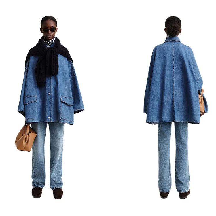 Топтап сатуға арналған күзгі силуэтті, енсіз жеңді, шала бос киім, ретро стиліндегі үлкен қалталы джинс әйелдерге арналған көйлектер