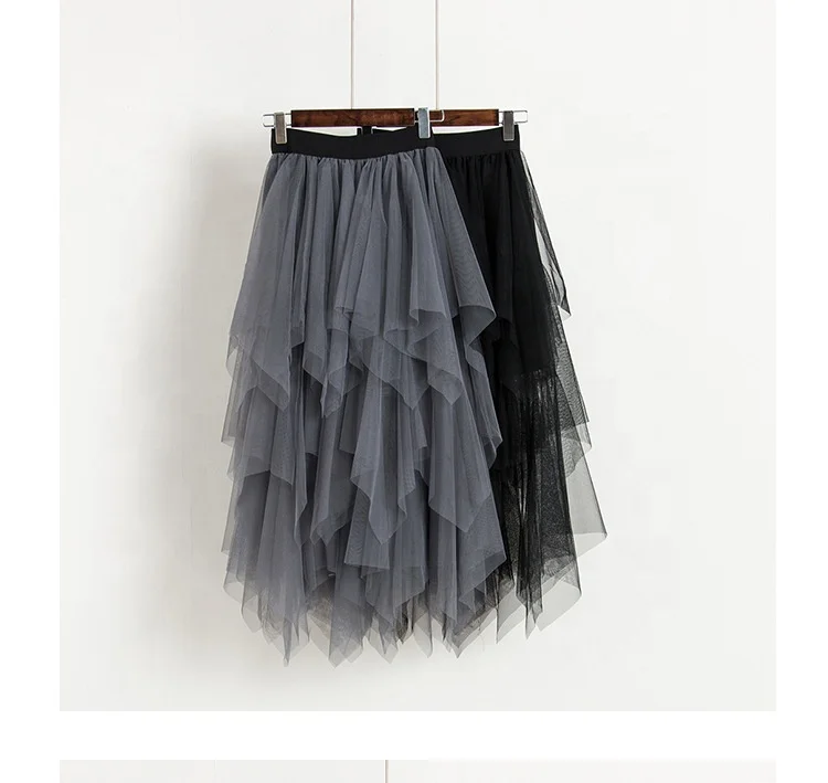 high waisted layered tulle ruffle midi skirt black