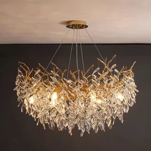 Luxury Metal Crystal Cascade Banquet Hall Art Deco Round Leaf Branch Chandelier Indoor Hanging Lamp Decorative Pendant Light