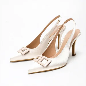 8503-8 Autumn Latest Style Fashionable Women Shoes Pointed Toe Satin Slingbacks Sandals Buckle Decor Women Heeled Sandals