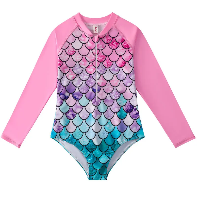 kids girl custom made sublimation rash guard Zipper polyester UV 50+ Bathing Suits one-piece swimsuit factory