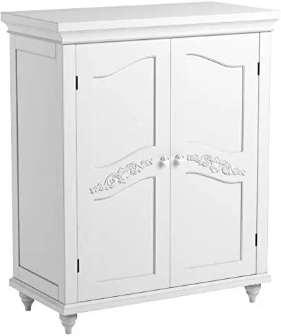 Wooden Freestanding Floor Storage Cabinet with 2 Adjustable Interior Shelves 3 Storage Spaces and 2 Floral Scroll Doors White