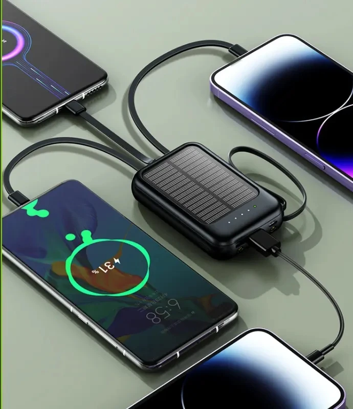 2024 Trending Custom Outdoor Mobile Charger Power Bank Station 20000Mah Portable Mobile Phone Solar Power Bank Built in Cables