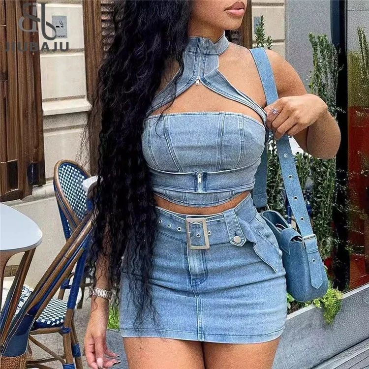 Stretch Denim Women Piece Set Sleeveless Halter Neck Crop Top