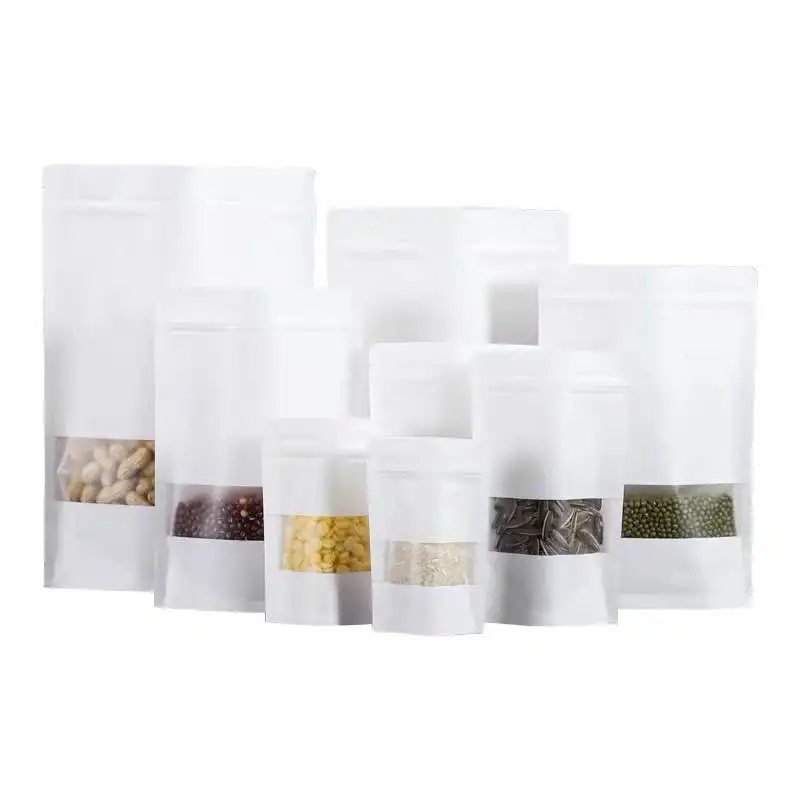 In Stock  White Kraft Paper Resealable Zip Lock Packaging Bag Pouch With Window