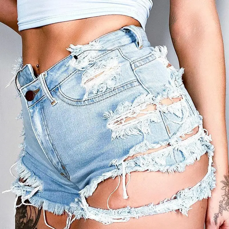 Brocken Hole 2023 Lady Joggers Jeans Shorts Straight Style with Zipped Button Tassel & Denim Pocket Raw Ripped Frayed Breathable
