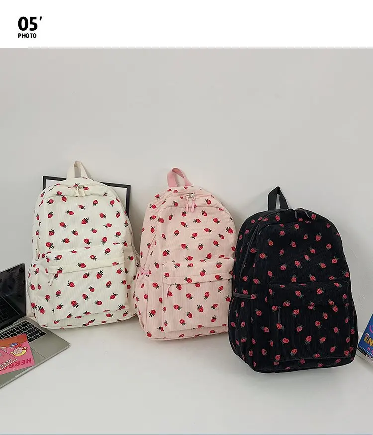 Wholesale Sublimated Strawberry Print Corduroy Backpack display picture 1