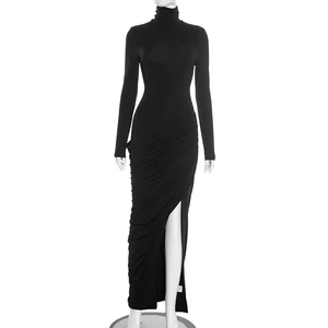Viviblook C25DS335 Women Casual High Neck Long Sleeved Front Slit Pleated Maxi Party Dress