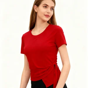 High Quality Asymmetrical Ruffle Trim Details on Bottom Round Neck Fashion Short Sleeves Elegant Slim Fit Shirt