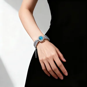 Women's Multi Layer Silver Tone Pearl Bracelet with Blue Crystal Clock Rhinestones Adjustable Chain Fashion Jewelry for Party
