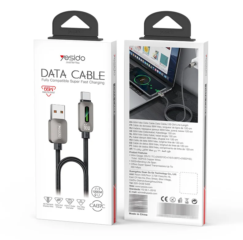 Yesido 1.2 Meter 66W Fast Charging USB to Type-C Streamer Light Support CarPlay Zinc Alloy Data Cable CA137C