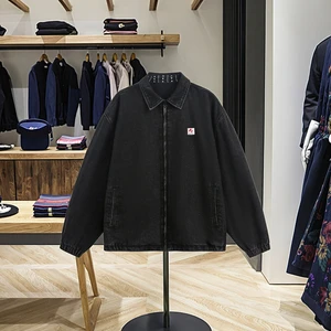 Autumn Men's Vintage Washed Denim Jacket American Style Short Wide Profile Detroit Tooling Design Zipper Closure Front Logo-for