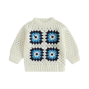 Infant Toddler Baby Girls Pullover Sweater Handmade Crochet Squarey Floral Crewneck Knitwear Fall Winter Clothes China