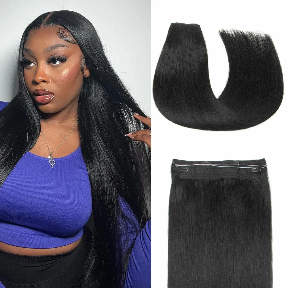 Extension per capelli con filo dritto a forma di pesce, con veri capelli umani, filo invisibile, misura regolabile_voghion.com