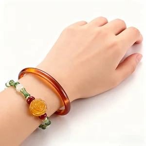 Vintage Agate Bracelet Set for Women Brown Agate Bangle Floral Rose Beaded Bracelet with Green Bamboo Shape Beads Collection