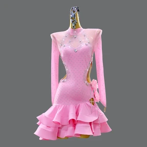 Long Sleeved Mesh Girls Latin Dance Dress Rhinestone Children's Ballet Dance Costumes Women Competition Performance Costumes