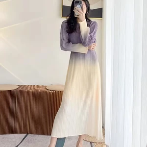 Factory Direct Sales High Quality Miyake 2025 New Stylish Pleated Gradient Long-sleeved Women Casual Style Dress