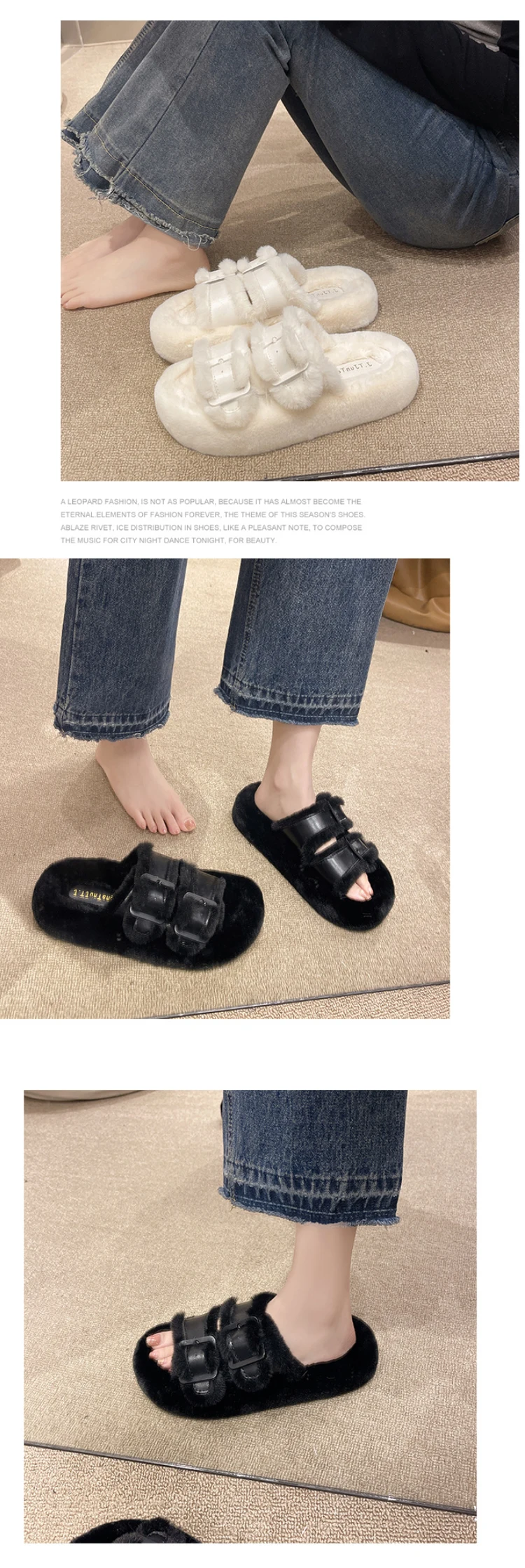 Fluffy Outdoor Warm Open Toe Shoes Casual Thick Sole Slippers Women