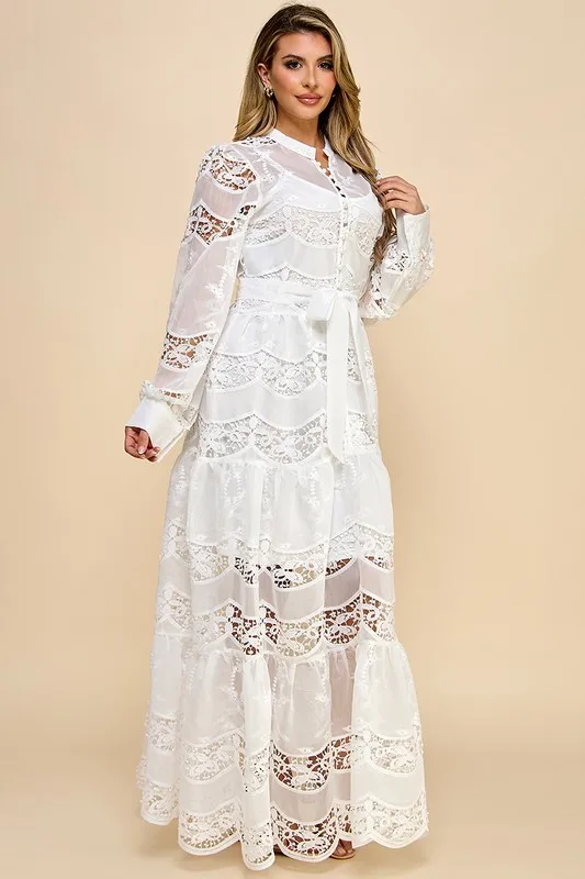 Ladies White Lace Dress With Perspective Lantern Sleeves Lace Waist Button Decoration Sweet Style For Commuting Shopping Travel - Image 4