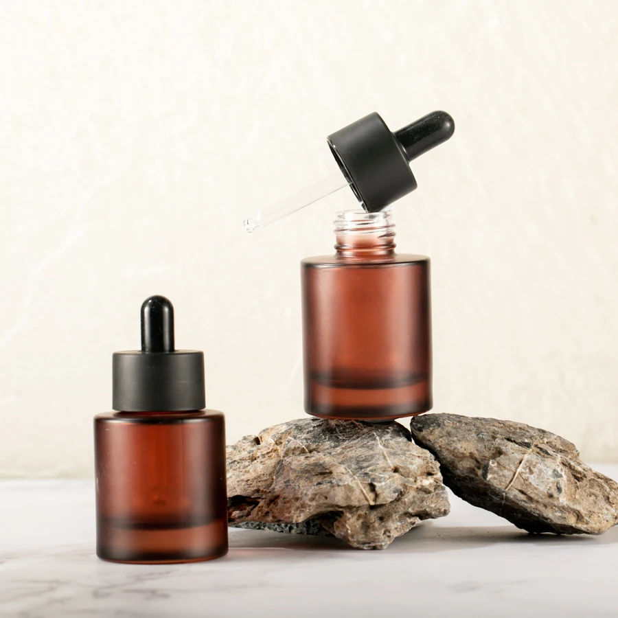 Empty Refillable 1 oz 30ml 40 ml Thick Base Round Amber Glass Serum Bottle Essential Oil Dropper Bottle with Double Wall Cap
