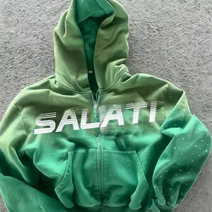 Heavyweight 100% Cotton French Terry Thick Vintage Distressed Sun Faded Boxy Fit Zip up Rhinestone Green Acid Wash Hoodie