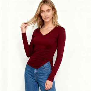Women's Spring/Autumn Knitted Soft Stretch High Quality Fashion Trendy Pullover V - Neck Ruched Asymmetric Long Sleeve Slim Top
